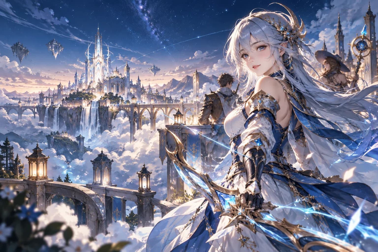Nhân vật fantasy bên thành phố trên mây lúc hoàng hôn